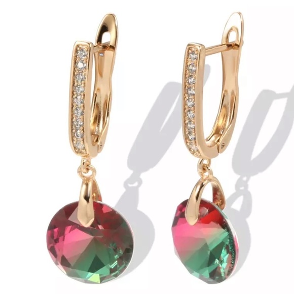 Rose Gold Plated Rainbow Zircon Drop Dangle Earrings - Picture 2 of 7